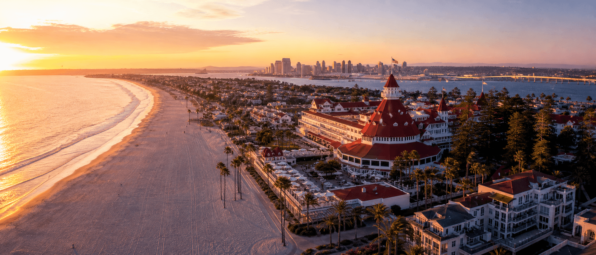 Coronado Island and Hotel del Coronado at sunset
